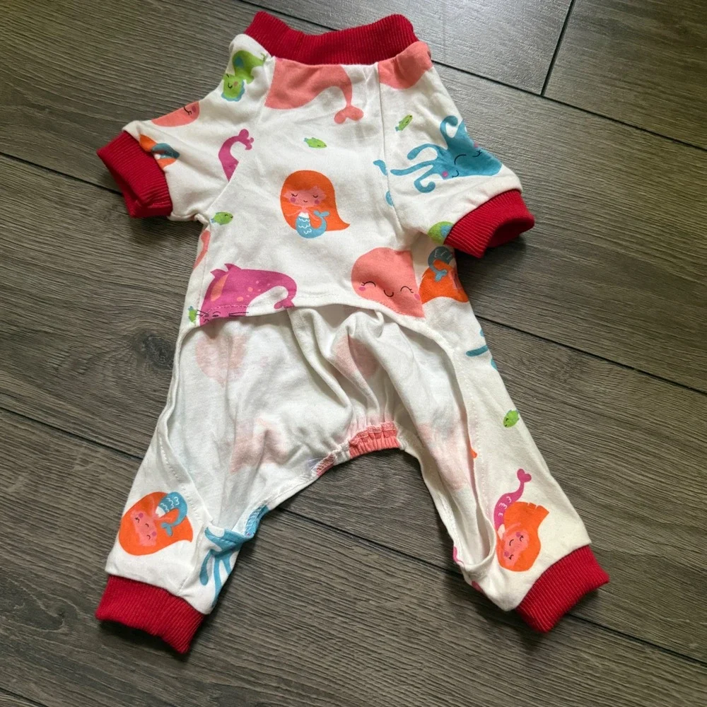 Small Dog Pajamas Mermaid Ocean Print White Red Ribbed Trim Onesie Sleepwear S